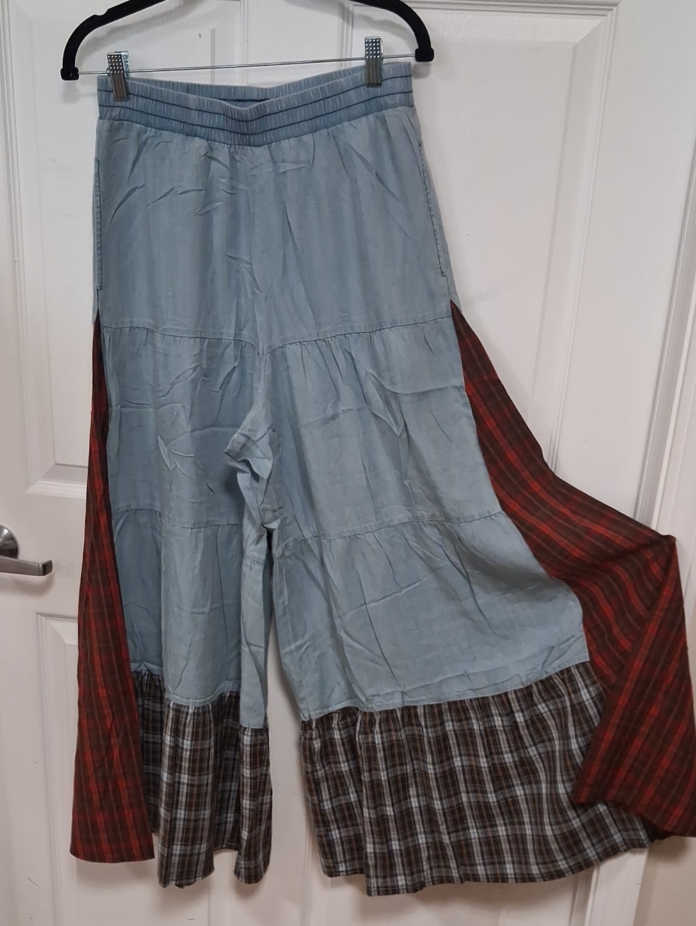 Light Blue Wide-Leg Patchwork Pants with Plaid Panels